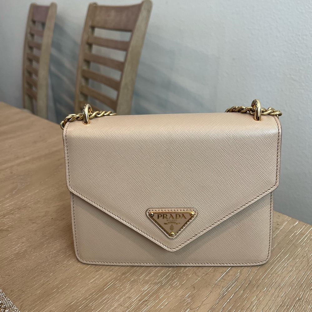 Prada Envelope Flap Chain Shoulder bag Saffiano Leather Small Beige